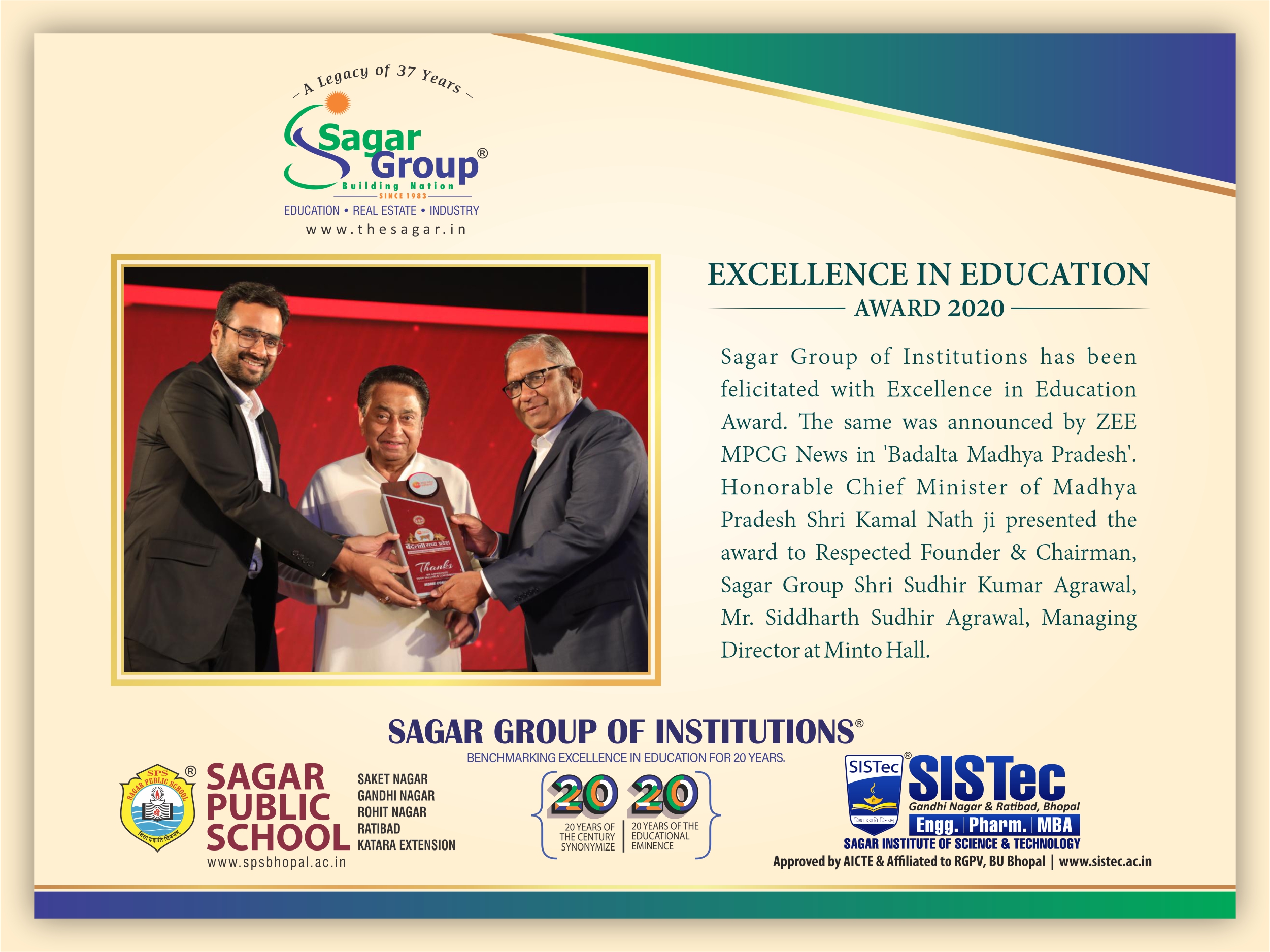 Sagar Group of Institutions-SISTec has been felicitated with “Excellence in Education Award”