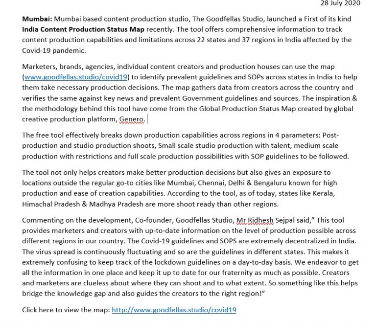India’s First map to track content production capabilities across states launched by GoodFellas