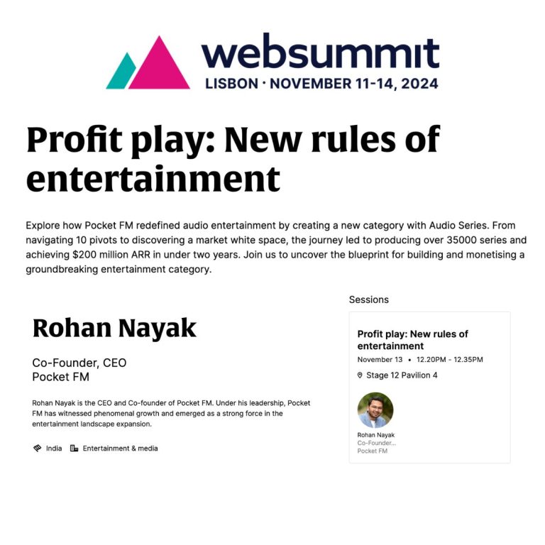 Pocket FM’s Rohan Nayak to Deliver Keynote as India’s Only Representative from Entertainment Industry at Web Summit, Lisbon 2024